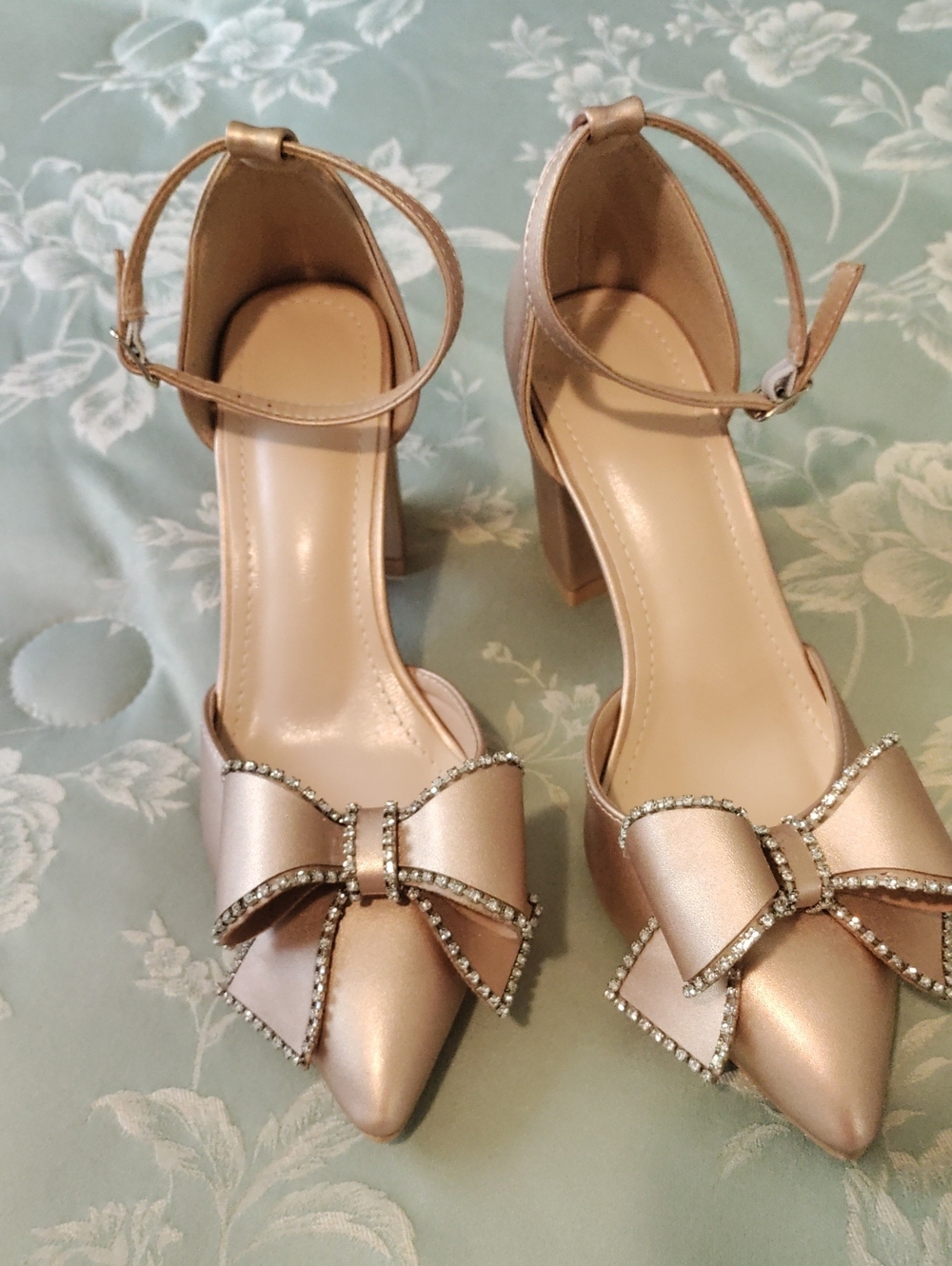 SHEIN Rose Gold Satin Pointed-Toe Heels with Rhinestone Bow & Ankle Strap